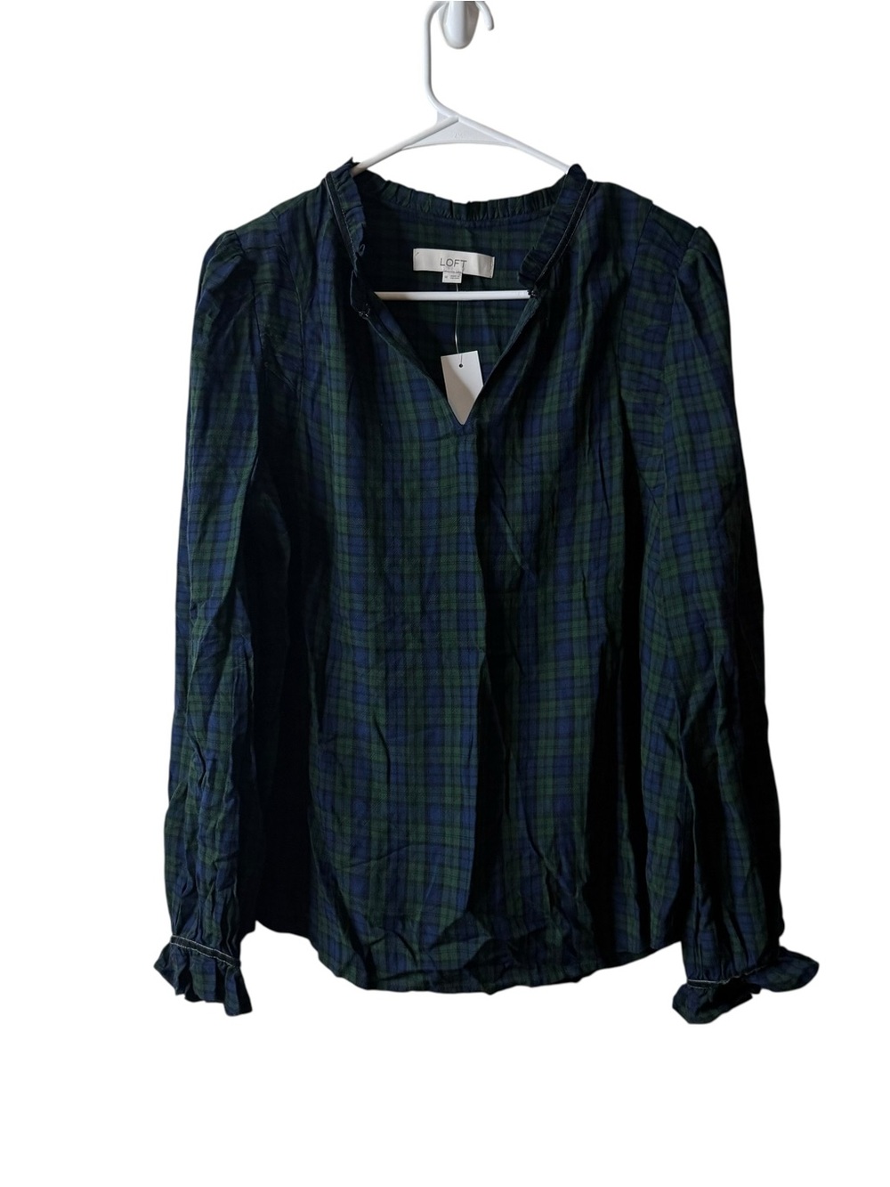 Loft Green Plaid Ruffle Velvet Trim Long Sleeve Blouse NWT